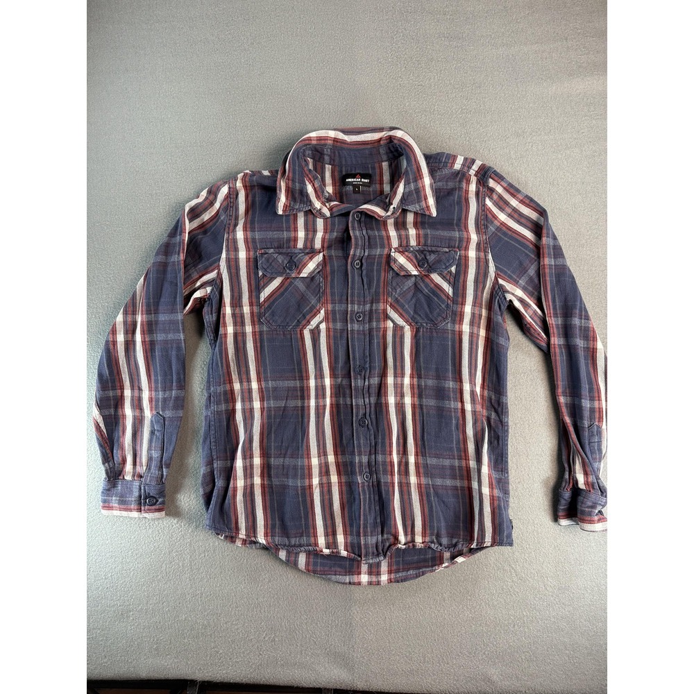 American Giant Shirt Mens Large Blue Plaid Button‎ Up Long Sleeve Cotton Casual